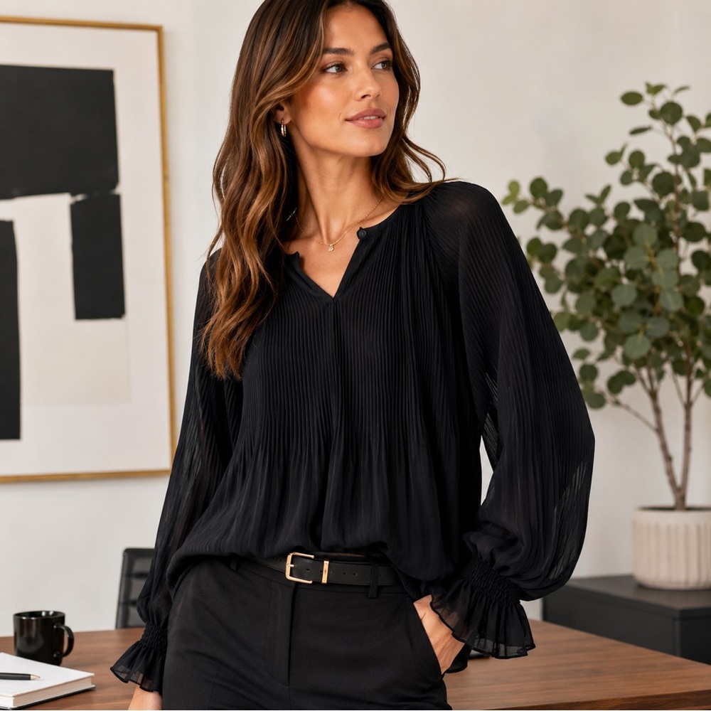 Umgee Black Accordion Box Pleated Sheer Blouse | Romantic Boho Flowy Tunic Top S - Picture 3 of 8